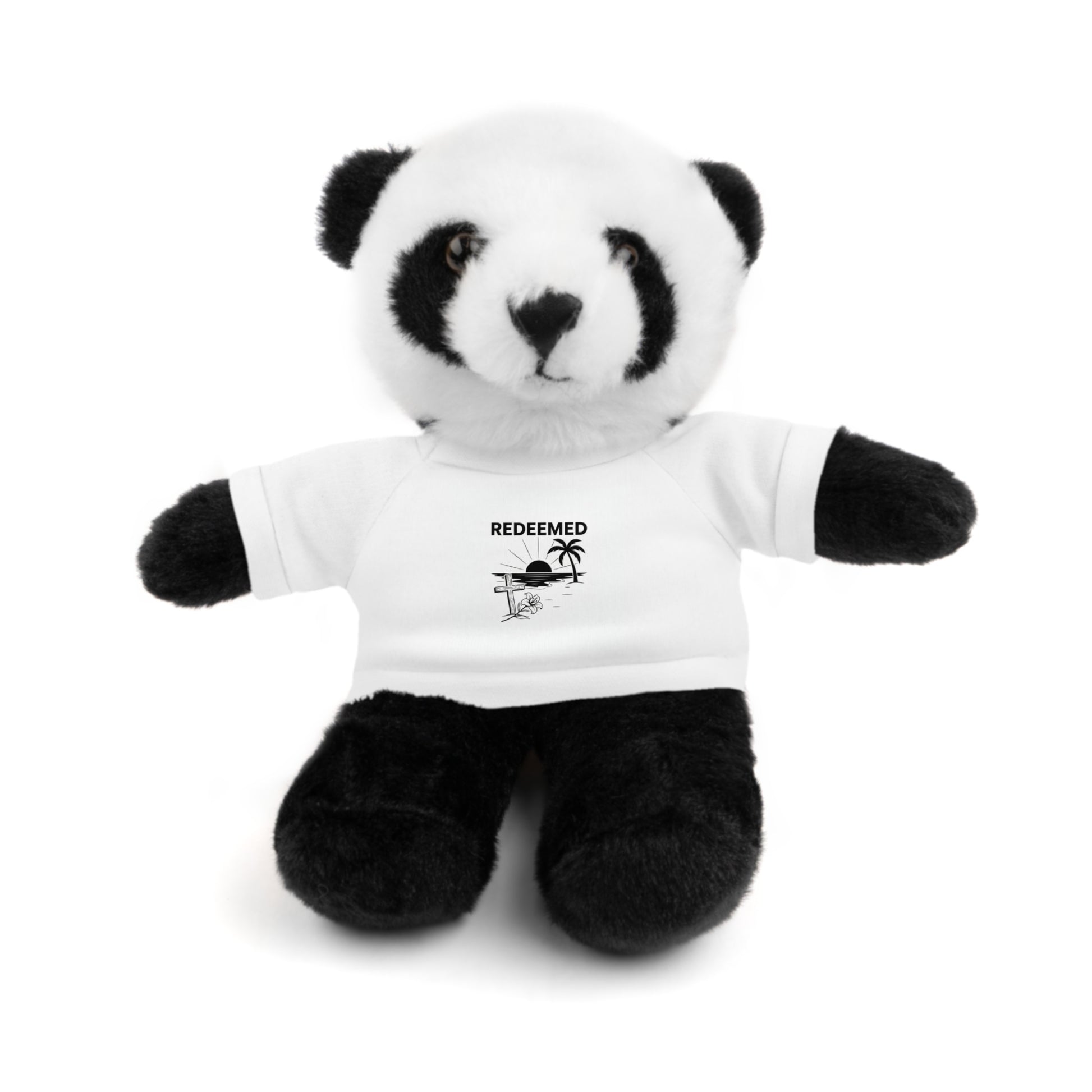 Plush panda bear wearing a white t-shirt with text and graphics on a white background