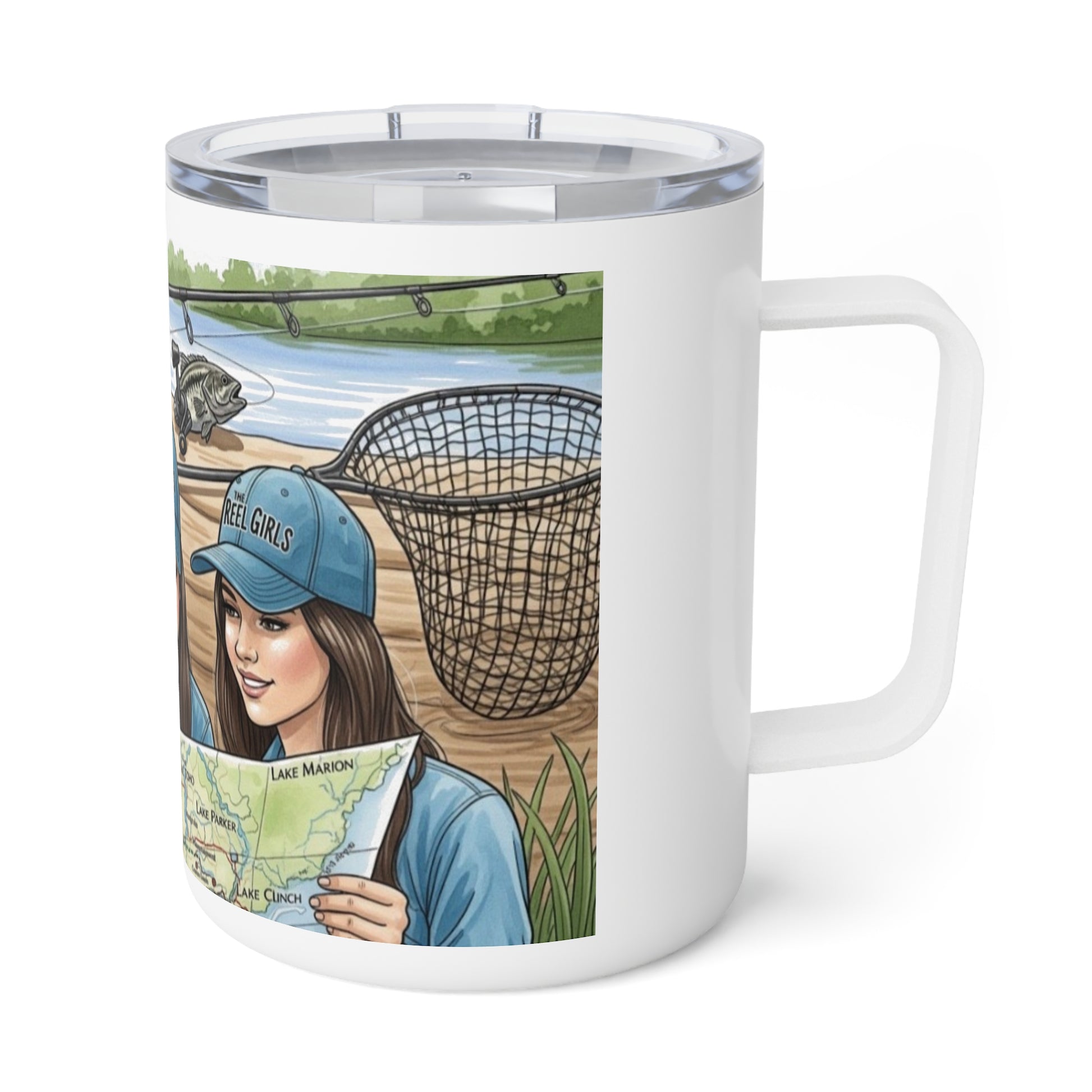White mug with a design of a woman holding a map and wearing a cap, set against a lake and fishing net background.
