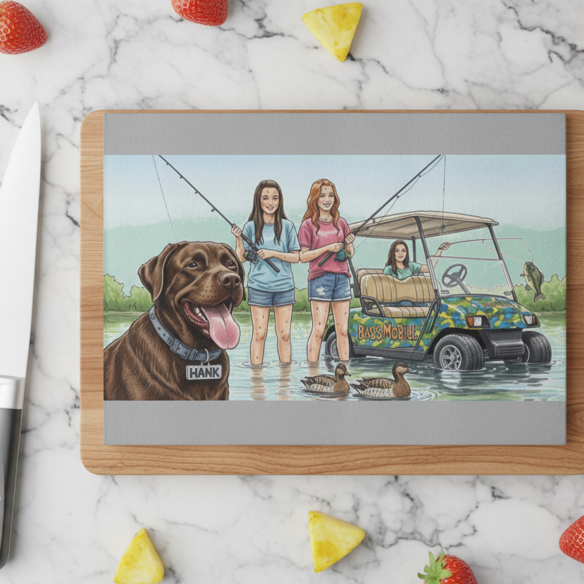 Glass cutting board with an illustration of two women with a dog by a lake, one in a golf cart, on a marble surface with fruit.