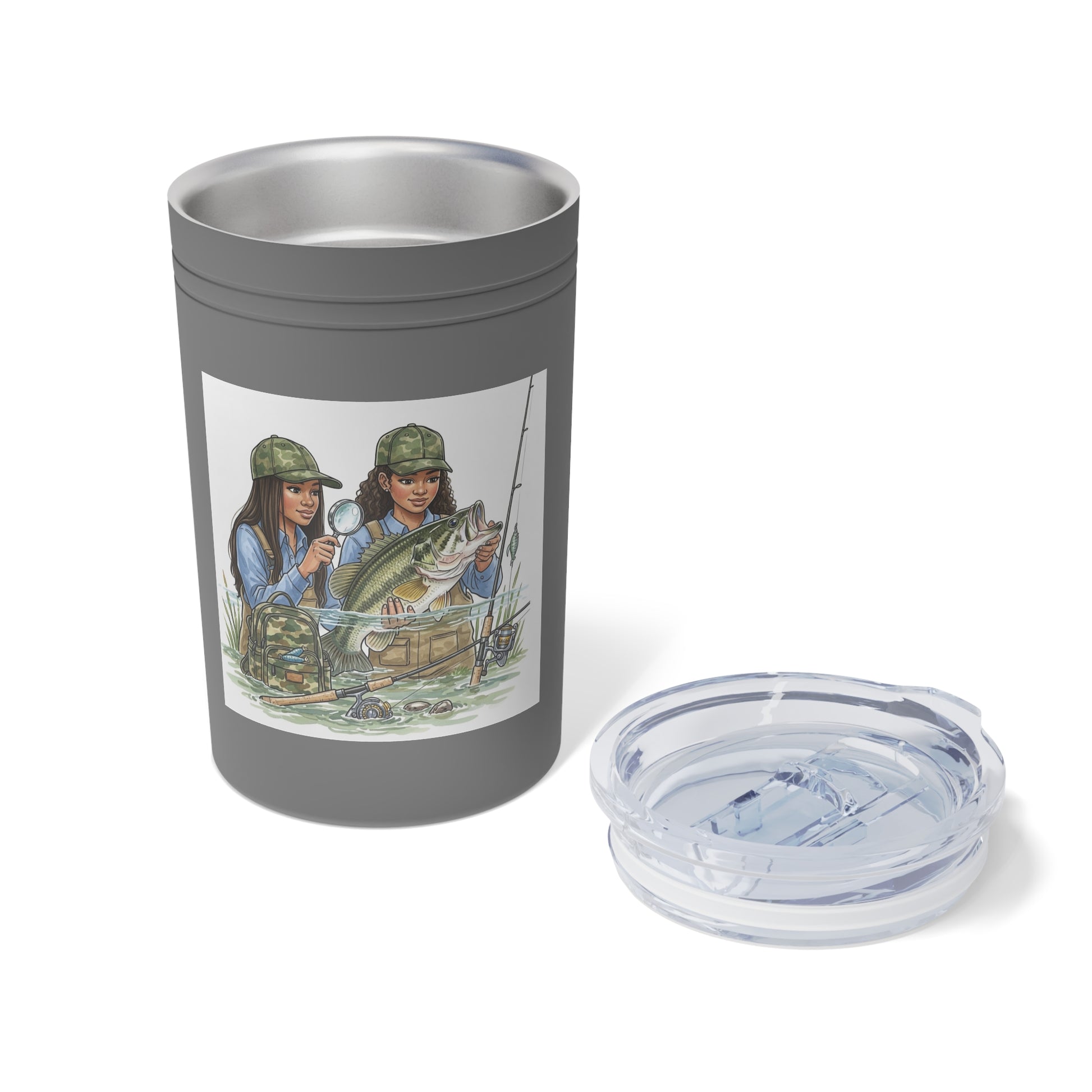 Gray tumbler with a printed design of two people fishing on a white background