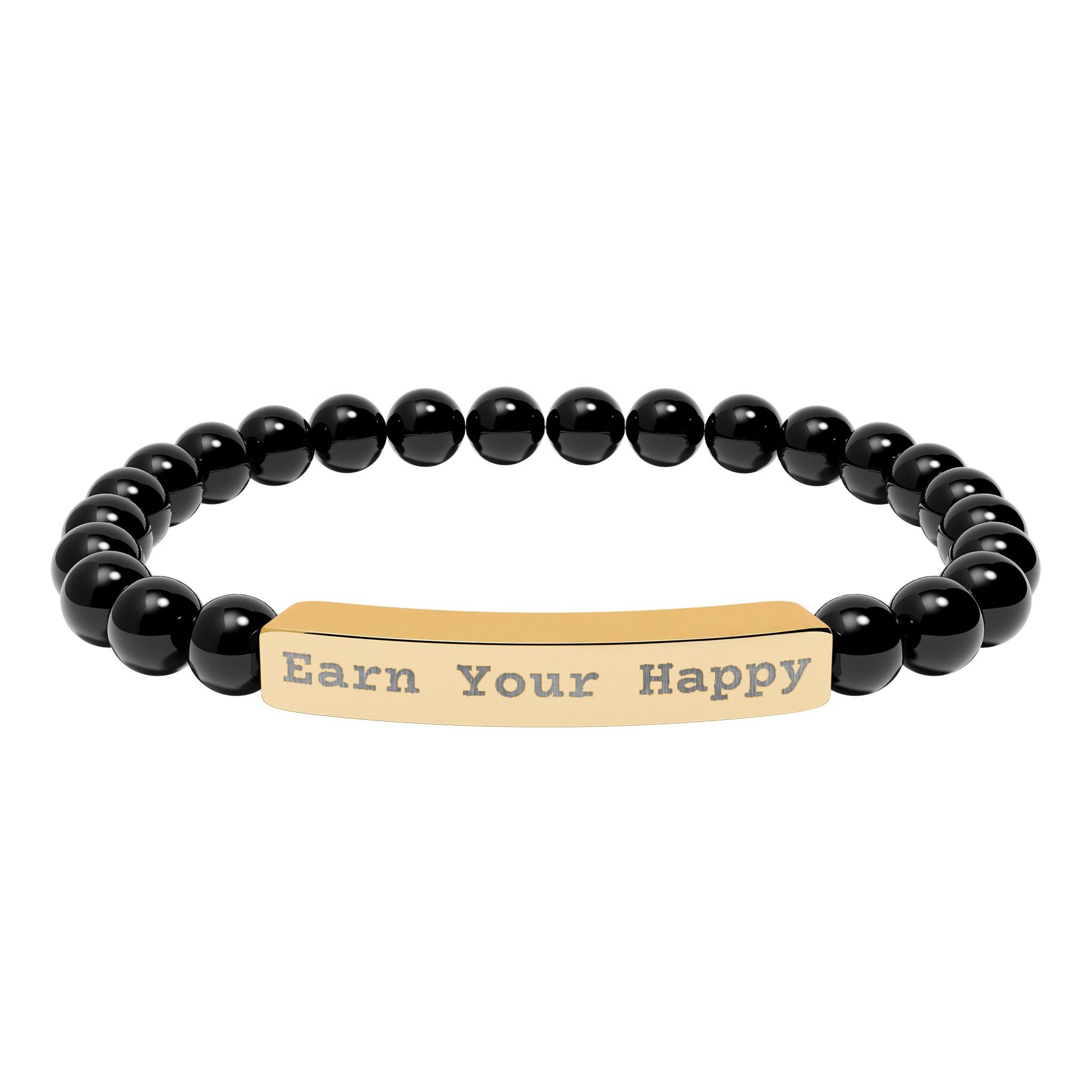 Natural Stone stretch beaded Black with a gold tag reading 'Earn Your Happy' on a white background