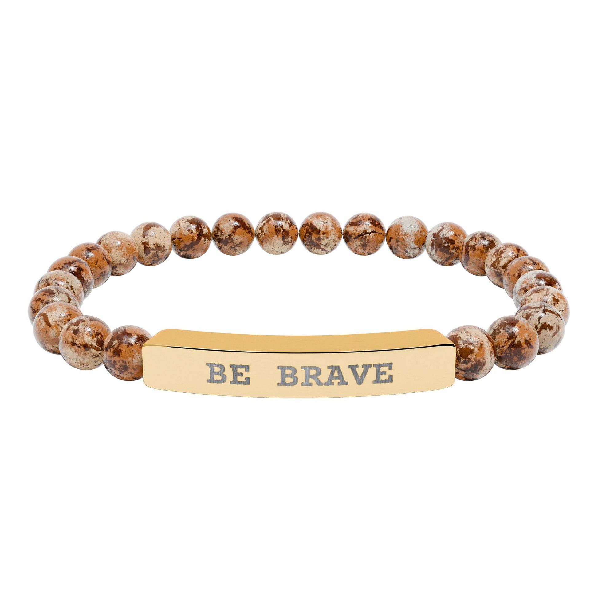 Natural Stone beaded stretch bracelet with gold bar engraved message reading 'BE BRAVE' on a white background