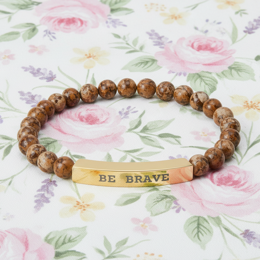 Natural Stone beaded stretch bracelet with gold engraved bar reading 'BE BRAVE' on a white floral background