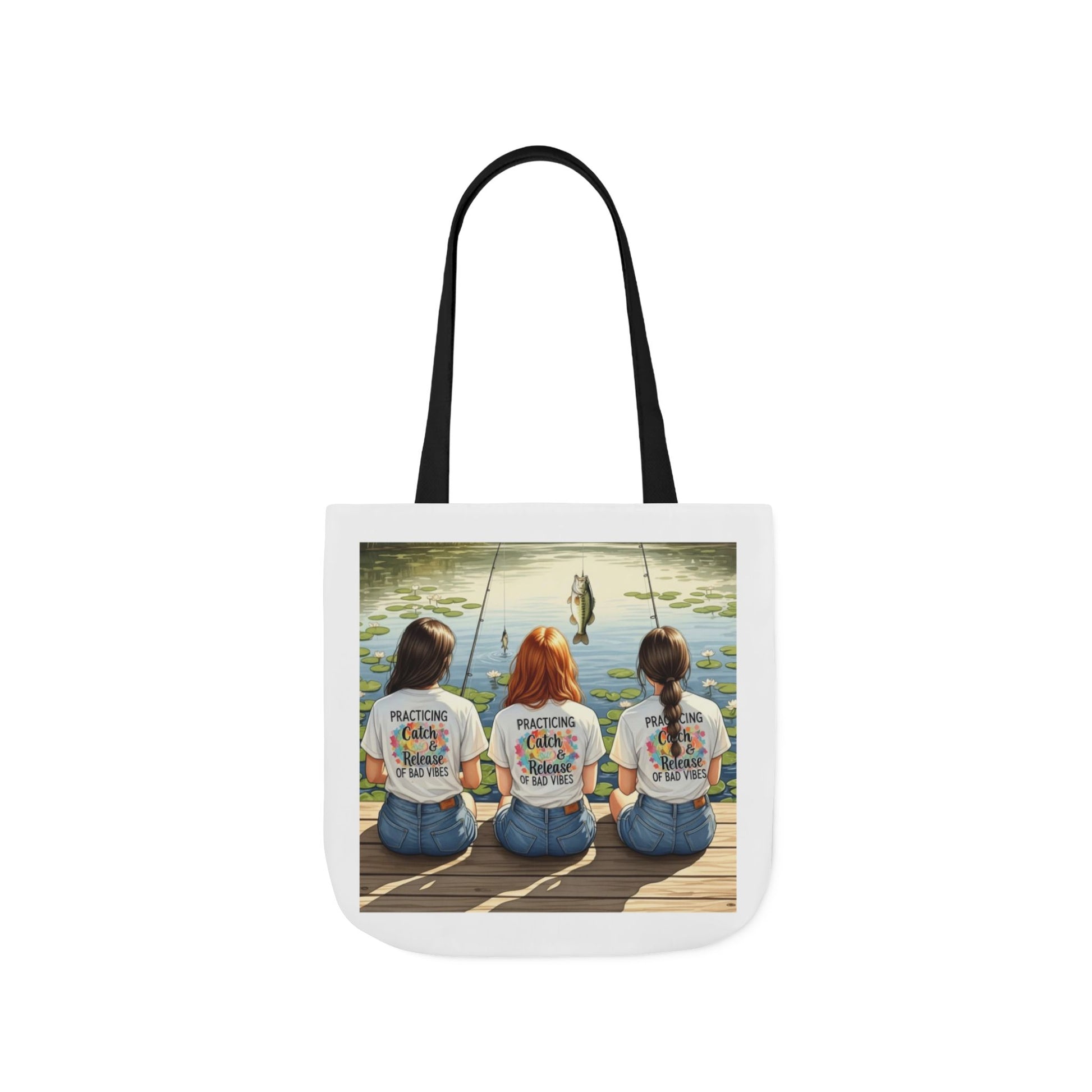 Tote bag with a printed design of three women fishing on a dock.