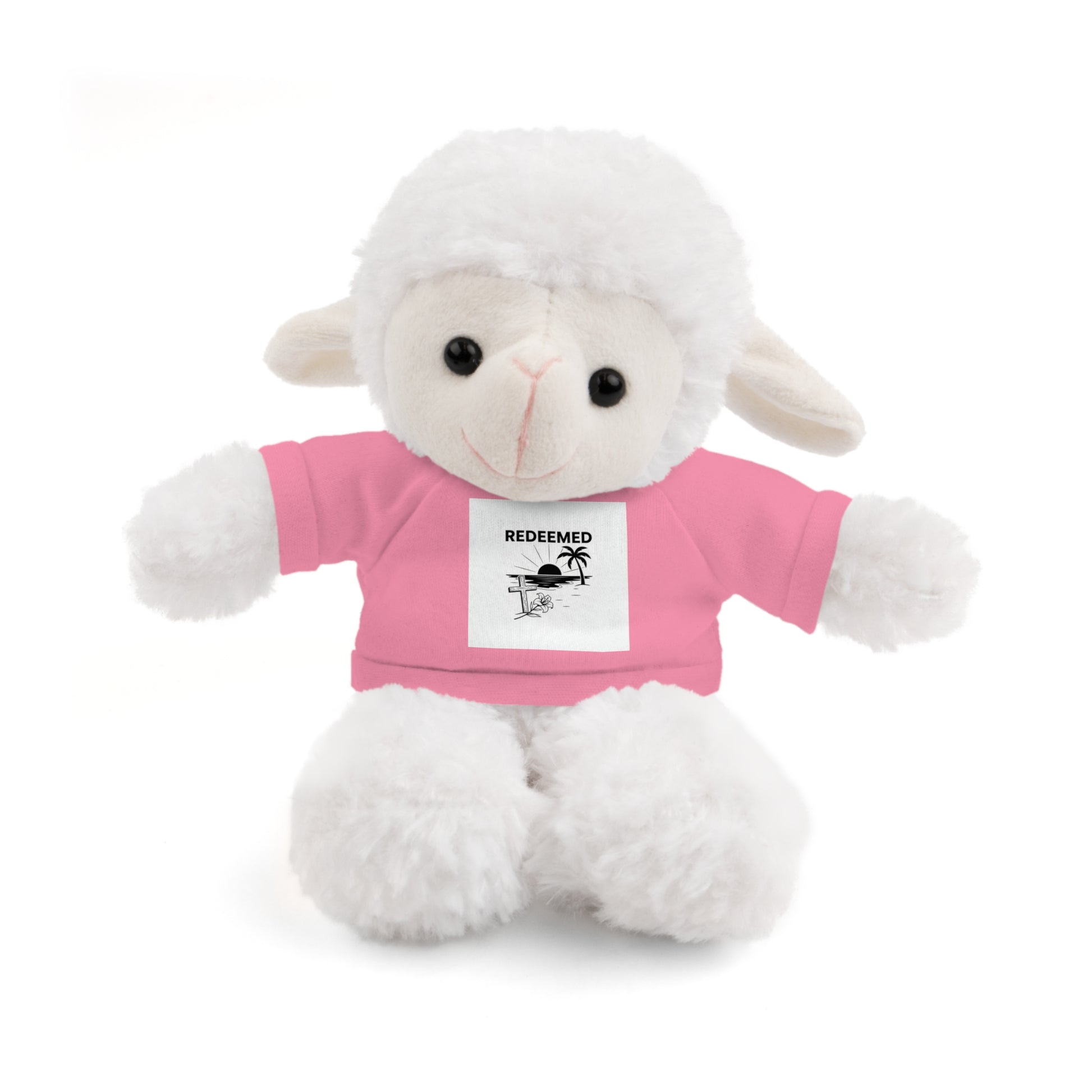 White plush lamb toy wearing a pink shirt with text on a white background