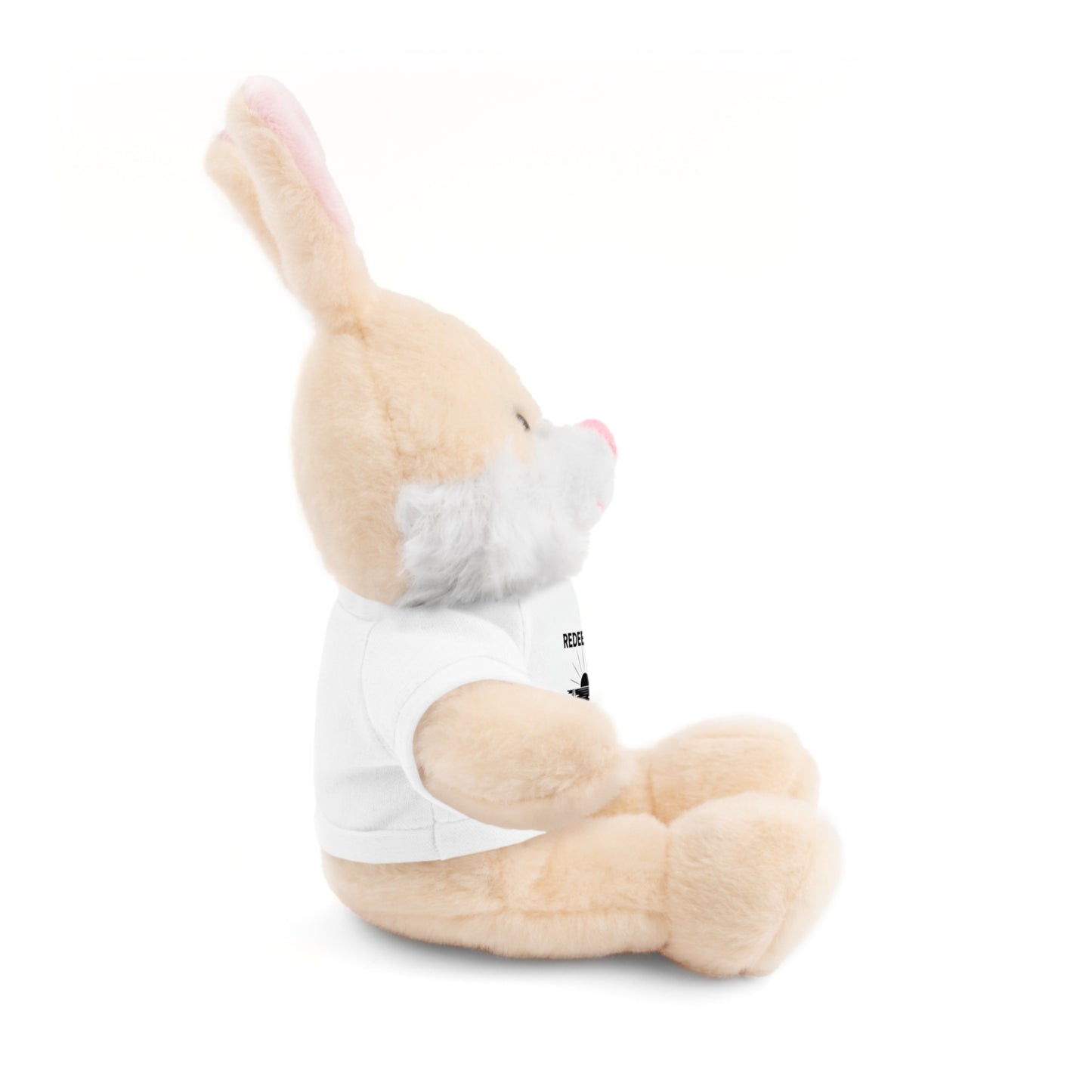 Plush toy rabbit wearing a white shirt with black text on a white background