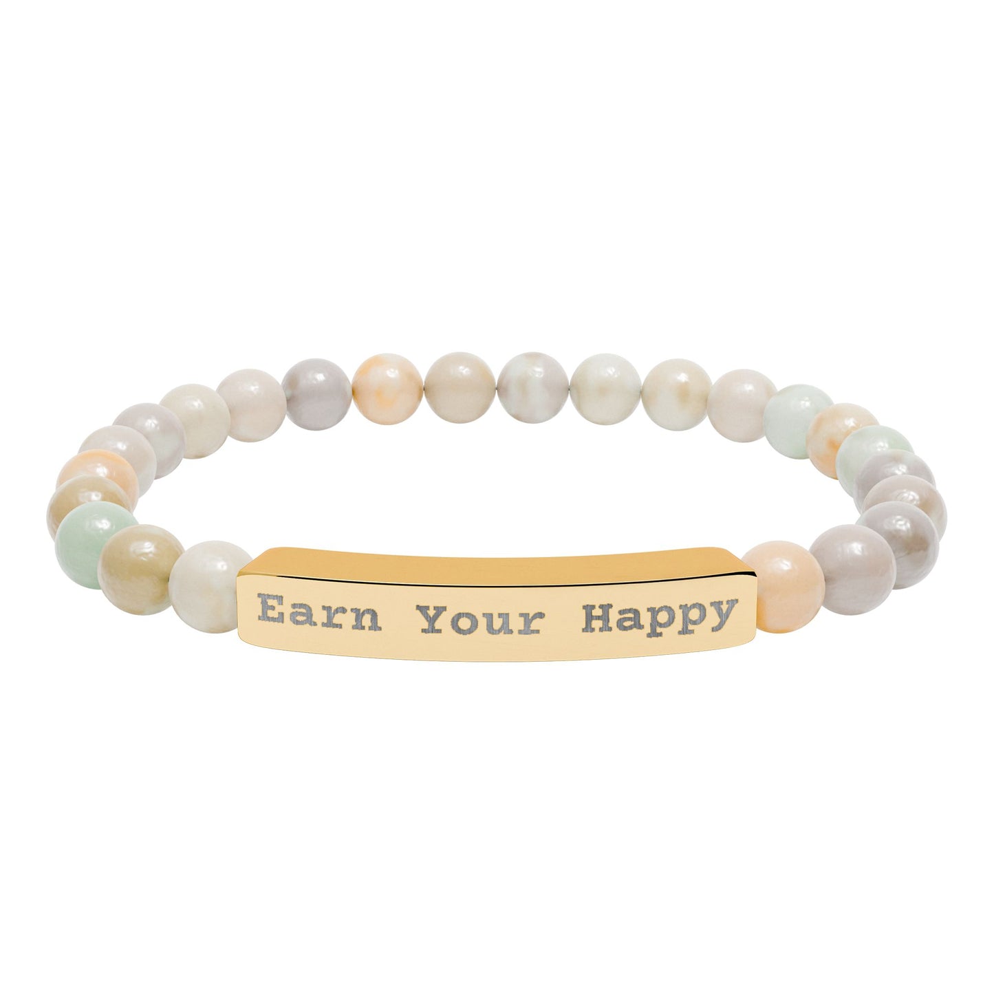 Natural Stone bracelet with a gold bar featuring 'Earn Your Happy' on a white background