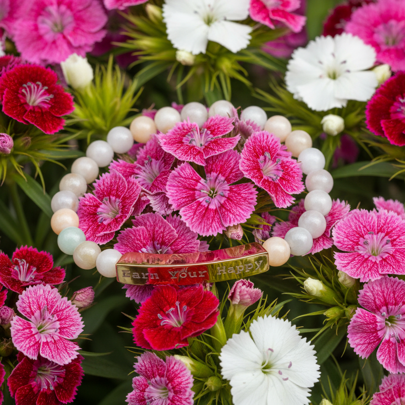 Natural Stone bracelet "Earn Your Happy" on a bed of pink and white flowers