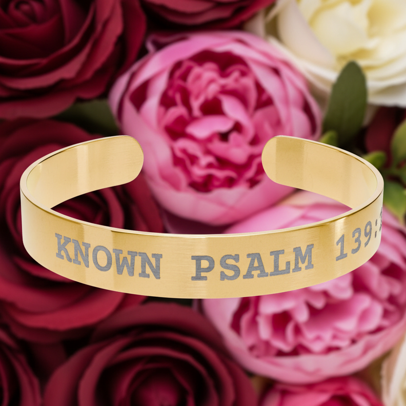 Gold bracelet with engraved text on a background of pink and red roses