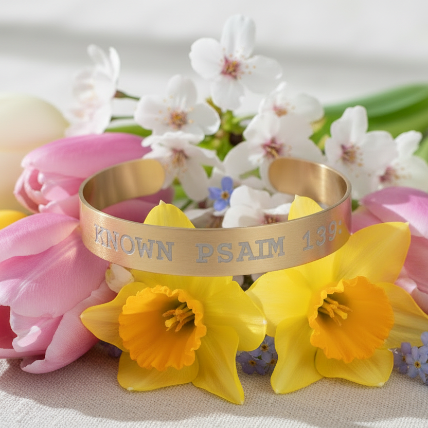 Gold bracelet with 'Known Psalm 139' text on a floral background