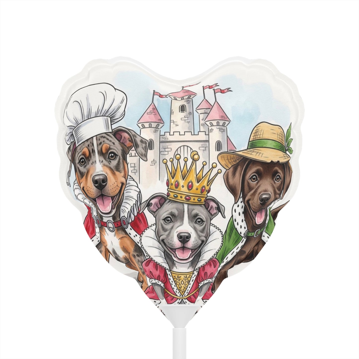 Heart-shaped balloon with illustrations of dogs in costumes around a castle
