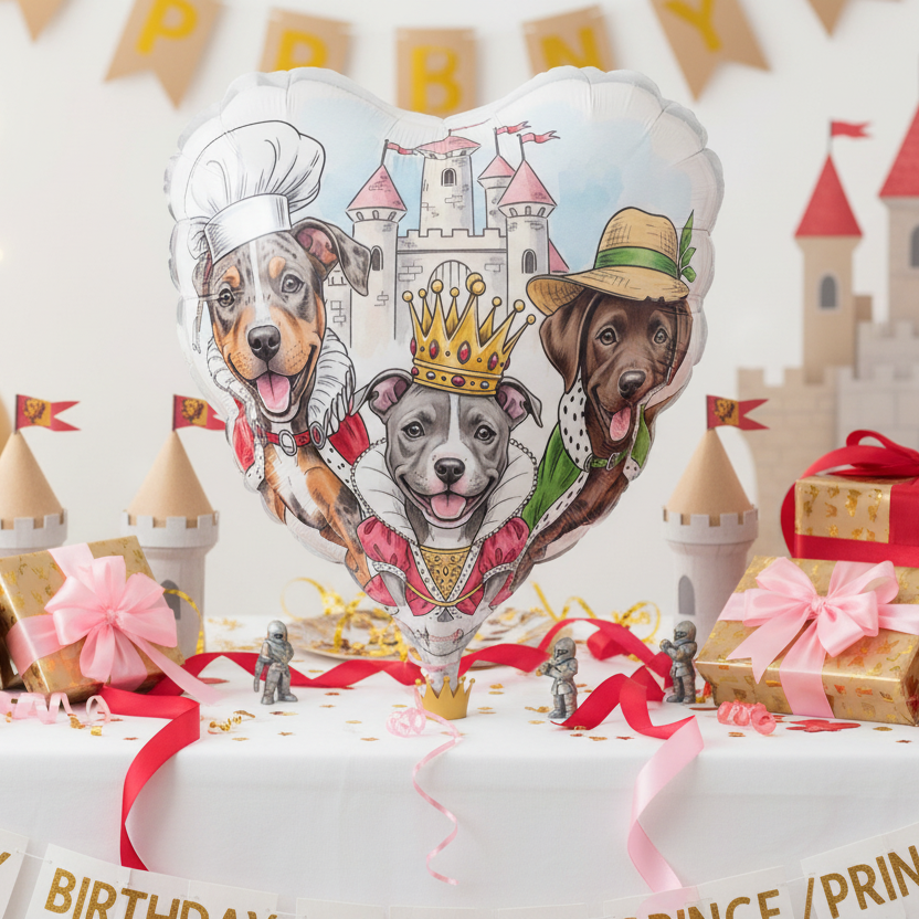 Close up - Heart-shaped balloon with dog illustrations on a birthday-themed table with decorations.