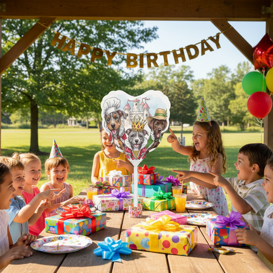 Children celebrating a birthday outdoors with balloons and gifts.