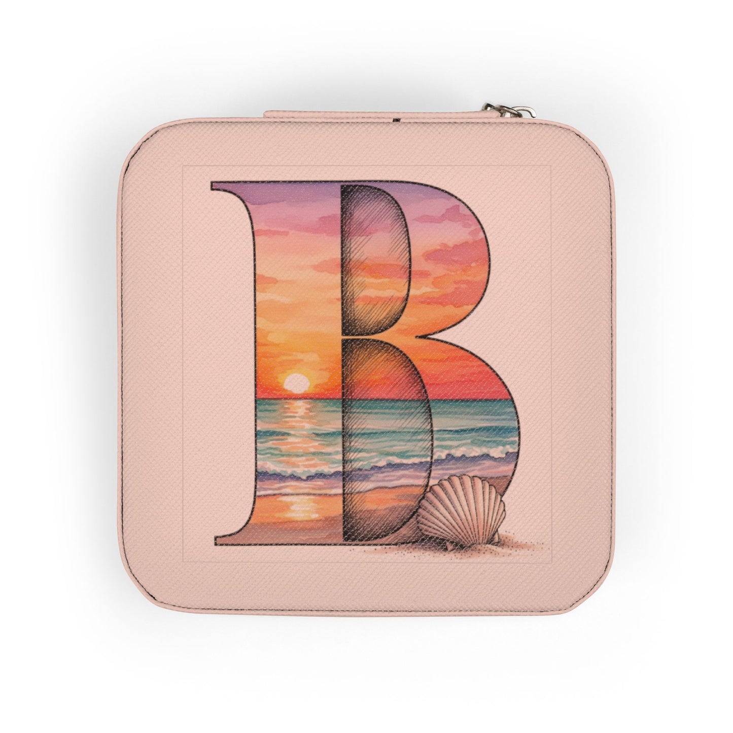 Pink pouch with a large letter 'B' design featuring a sunset and shell on a white background