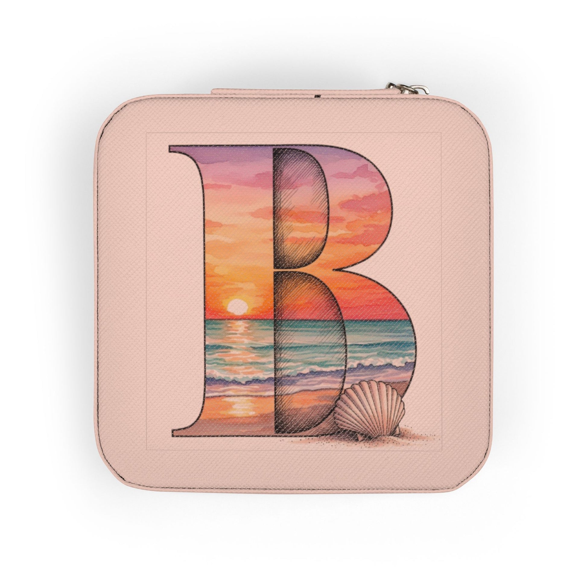 Pink pouch with a large letter 'B' design featuring a sunset and shell on a white background