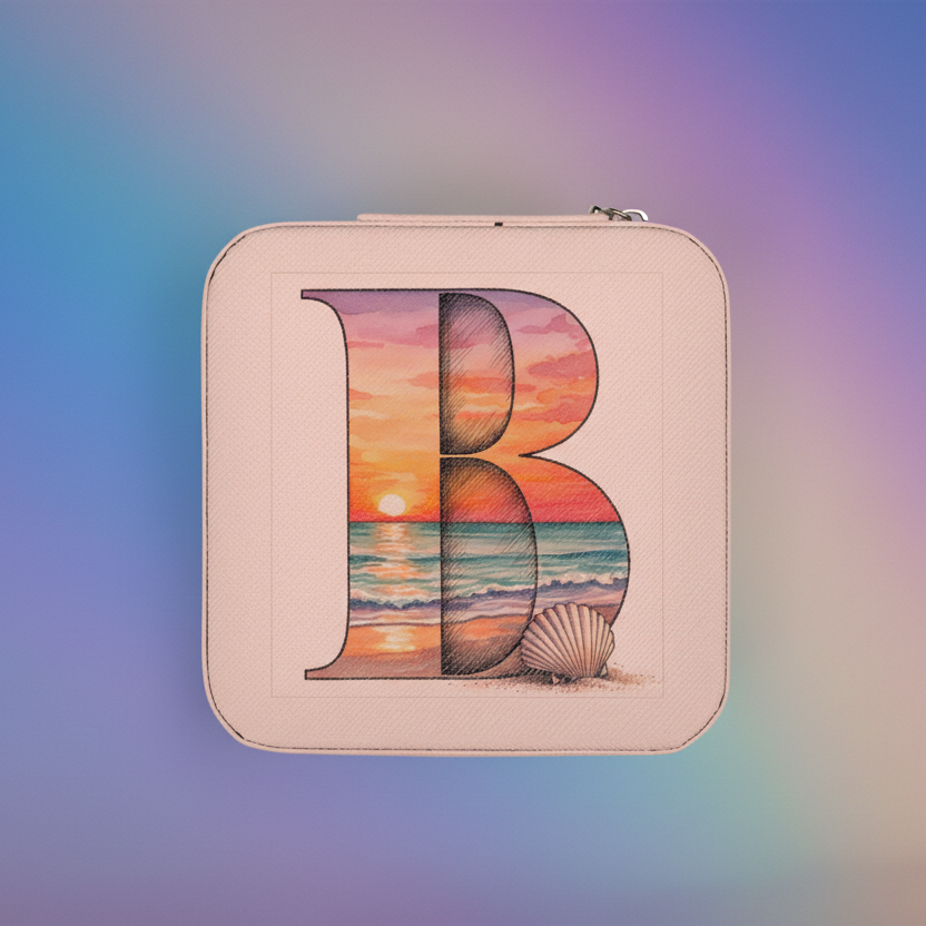 Square pouch with a design of the letter 'B' featuring a beach scene on a gradient background