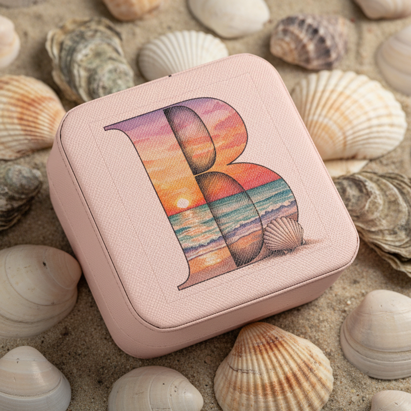 Pink case with a colorful 'B' design on a bed of seashells