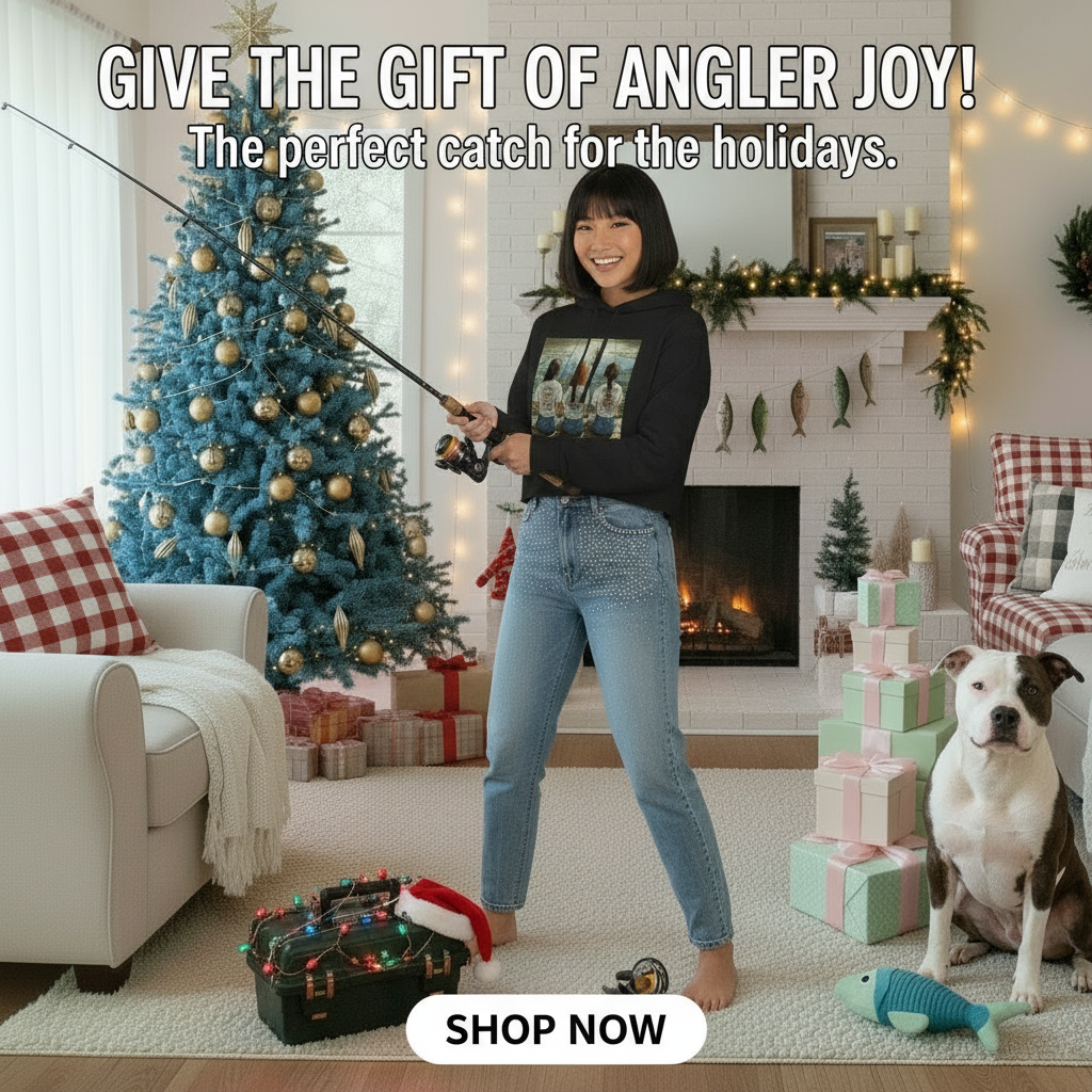 Woman in a black  camo crop top hoodie holding a fishing rod in a festive living room with Christmas decorations and a pit bull dog.