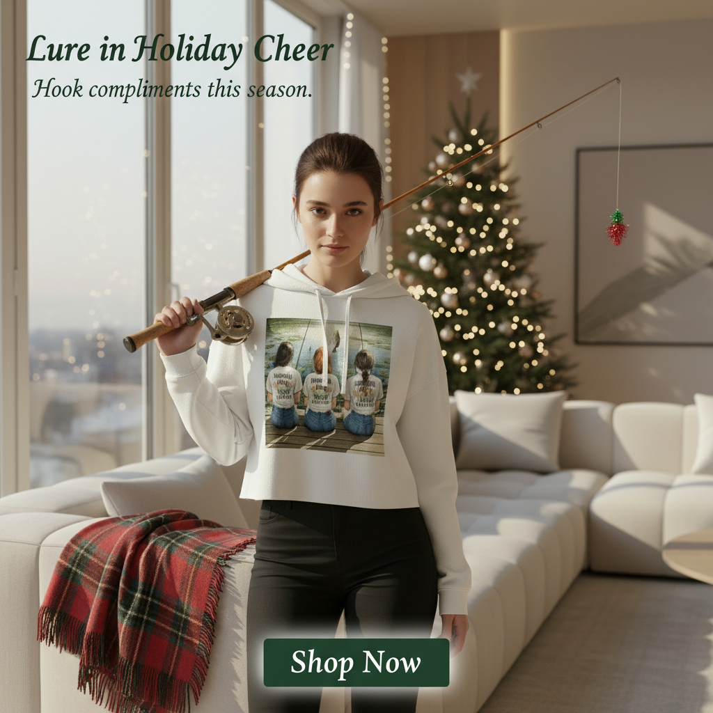 White fishing crop top hoodie - Woman holding a fishing rod with a Christmas tree in the background