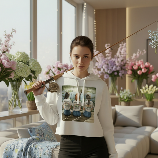 Woman wearing a white hoodie with a graphic design in a bright living room with flowers.