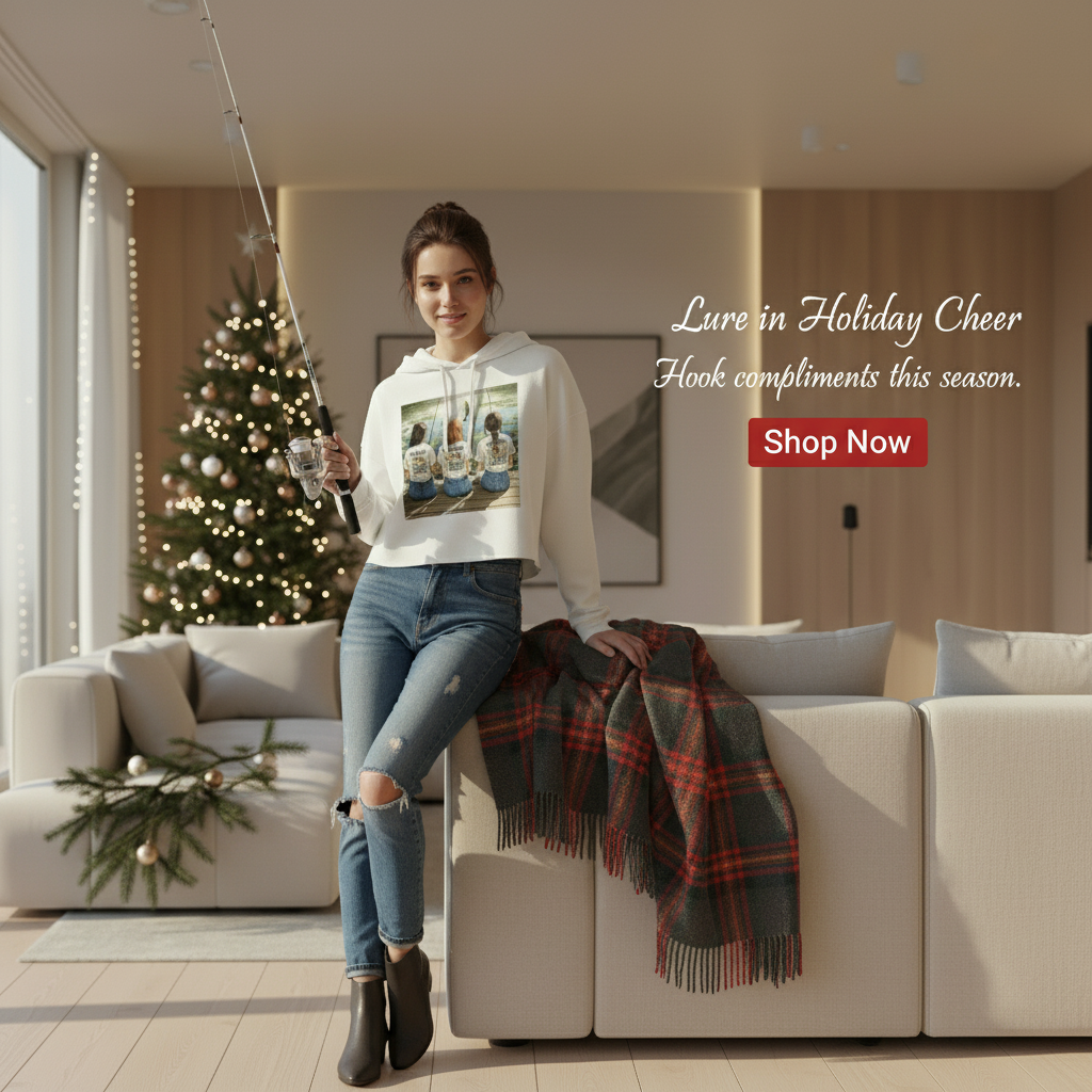 Woman in a living room with a Christmas tree, wearing a cropped top hoodie with a fishing theme graphic design.