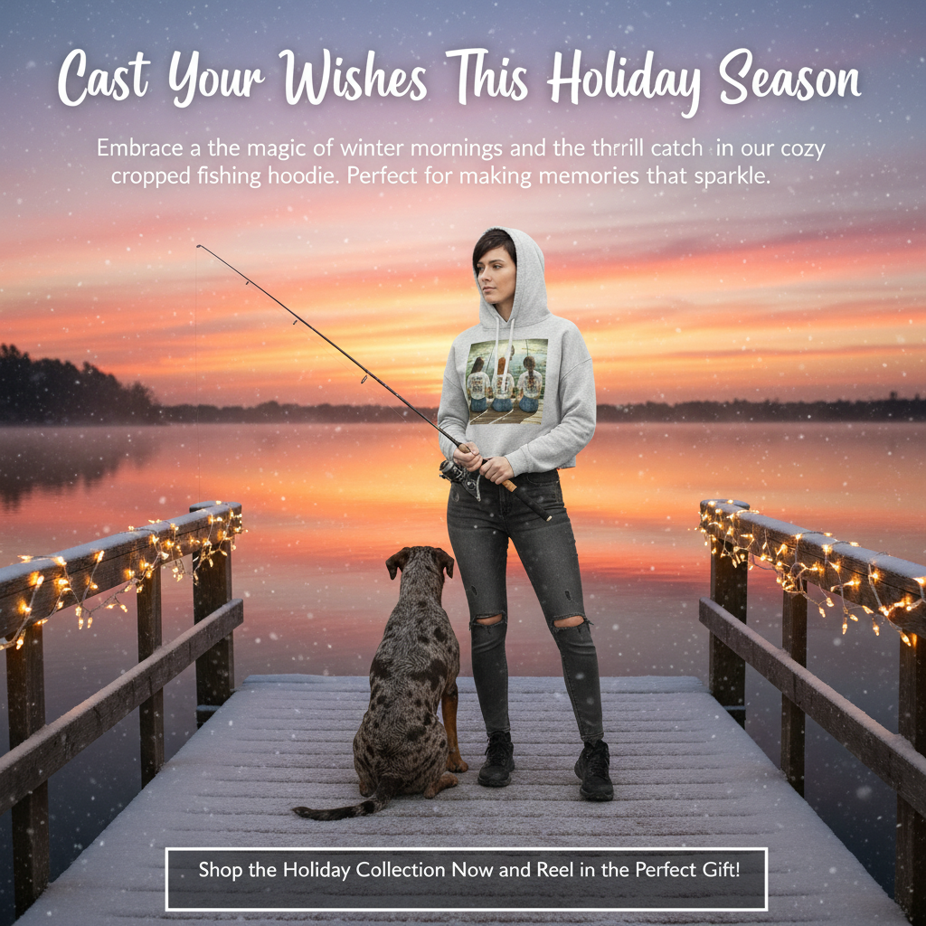 Person in a hoodie with her dog on a dock at sunset, promotional text for a holiday collection.