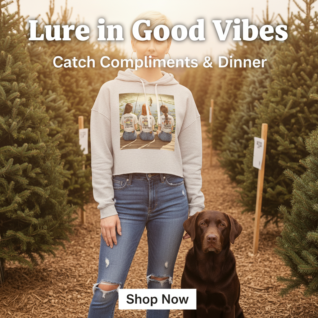 Woman wearing a cropped top hoodie with a fishing vibe graphic of three people and a dog, standing in a Christmas tree lot with her chocolate lab.