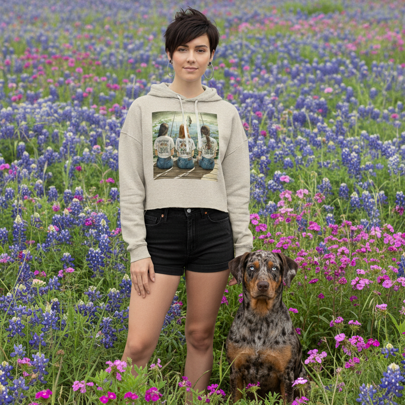 Woman wearing a grey  hoodie with a graphic fishing theme design, standing in a field of flowers with a dog.