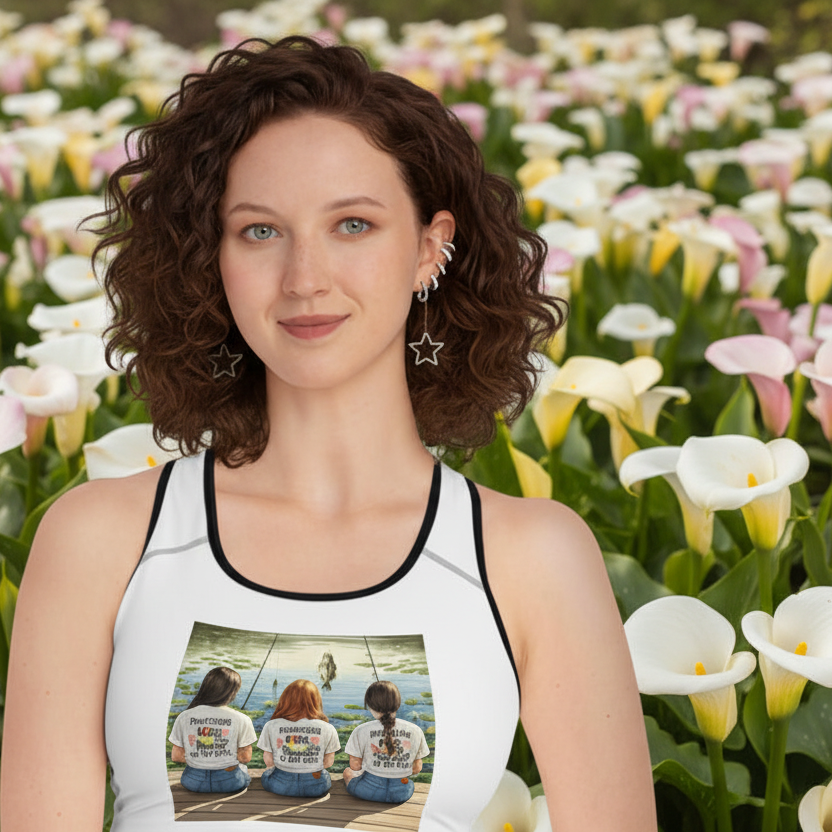 Woman wearing a tank top with a graphic design in front of a field of flowers