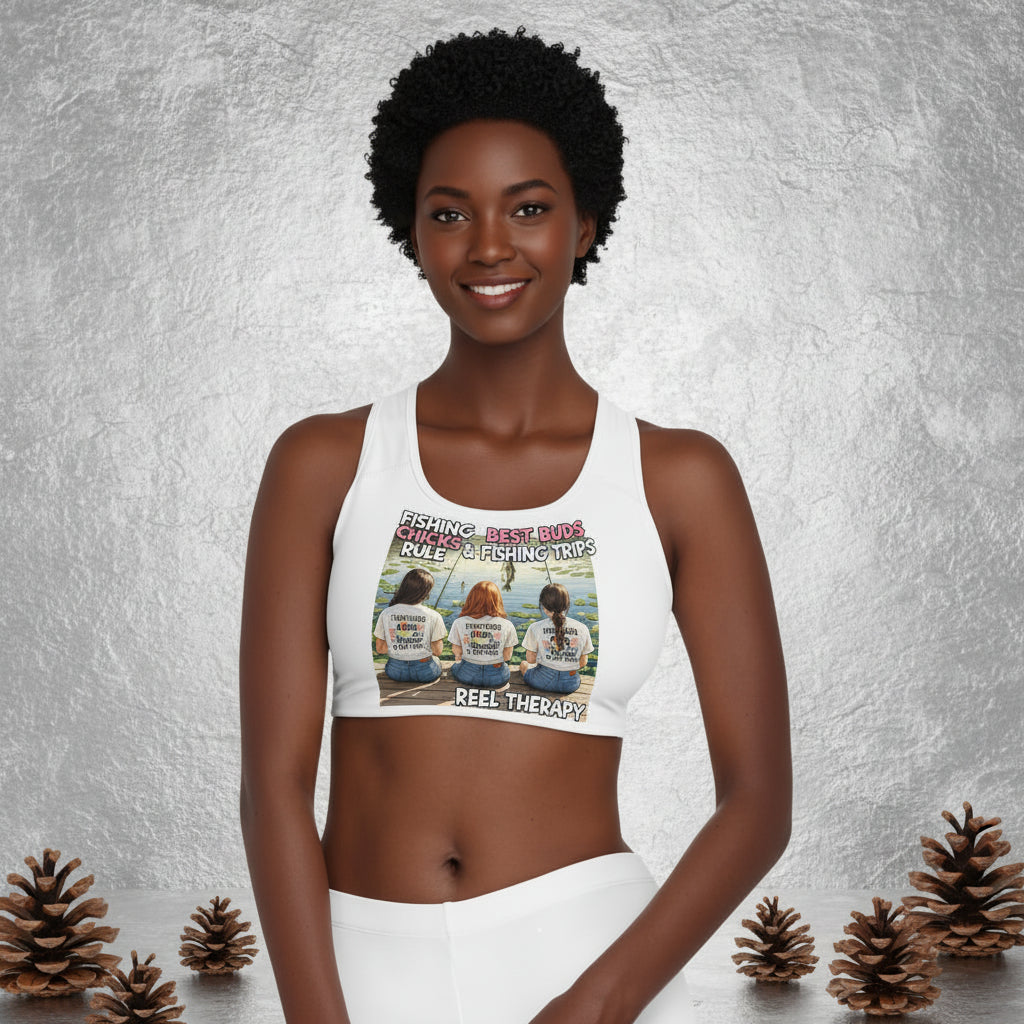 Woman wearing a sports bra with a graphic design on a textured gray background