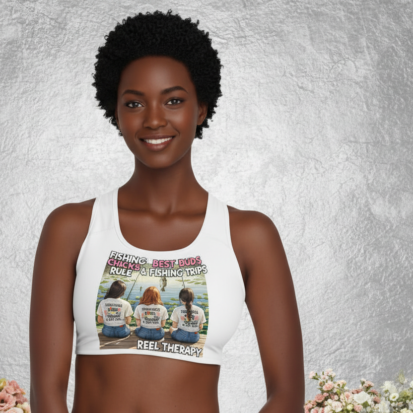 Woman wearing a sports bra with a graphic design on a textured gray background