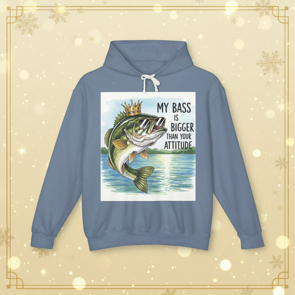 Blue hoodie with a graphic of a bass fish and text on a beige background
