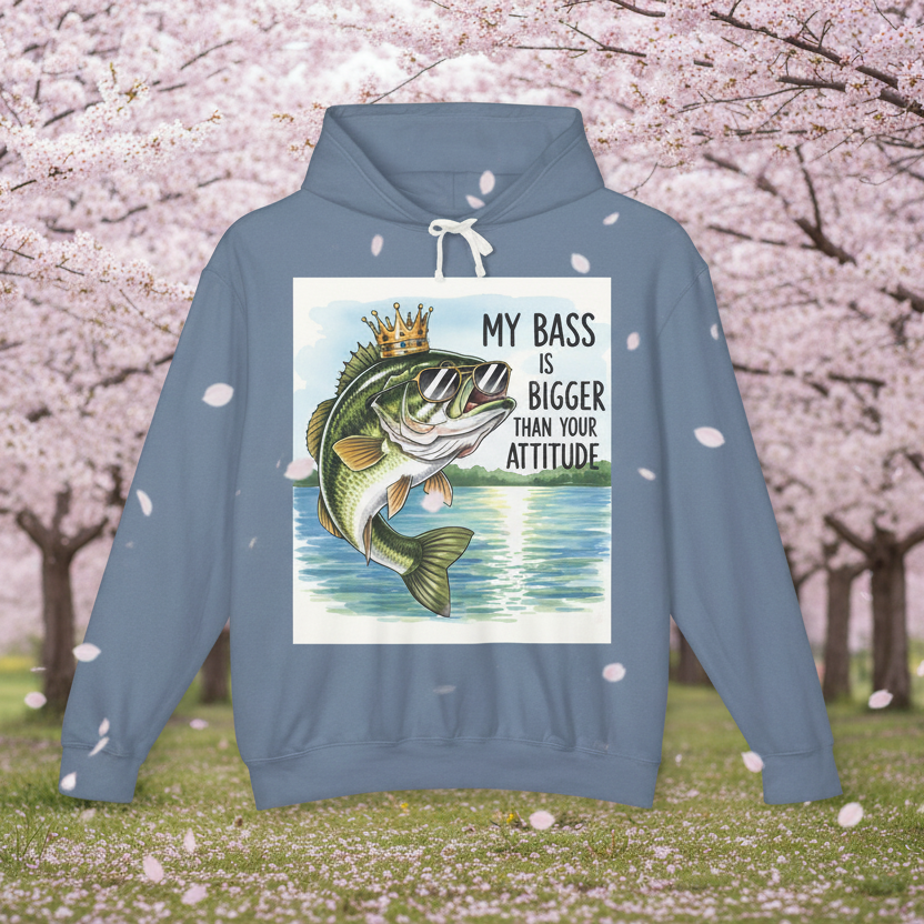 Blue hoodie with a graphic of a bass fish and text, set against a cherry blossom background.