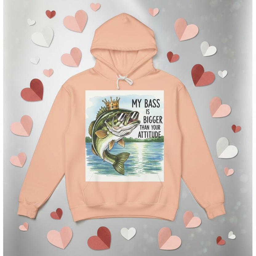 Peach hoodie with a graphic of a bass and text on a gray background with heart shapes