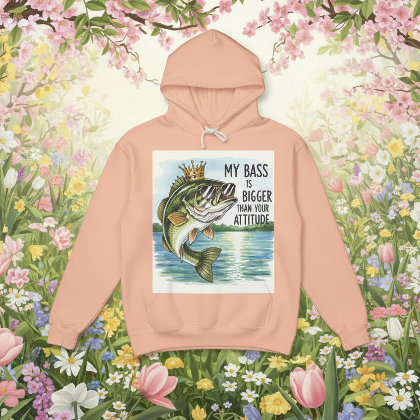 Peach hoodie with a fish graphic and text on a floral background