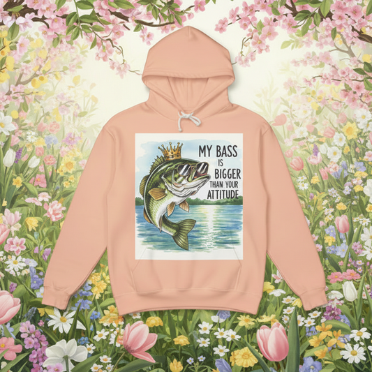 Peach hoodie with a fish graphic and text on a floral background