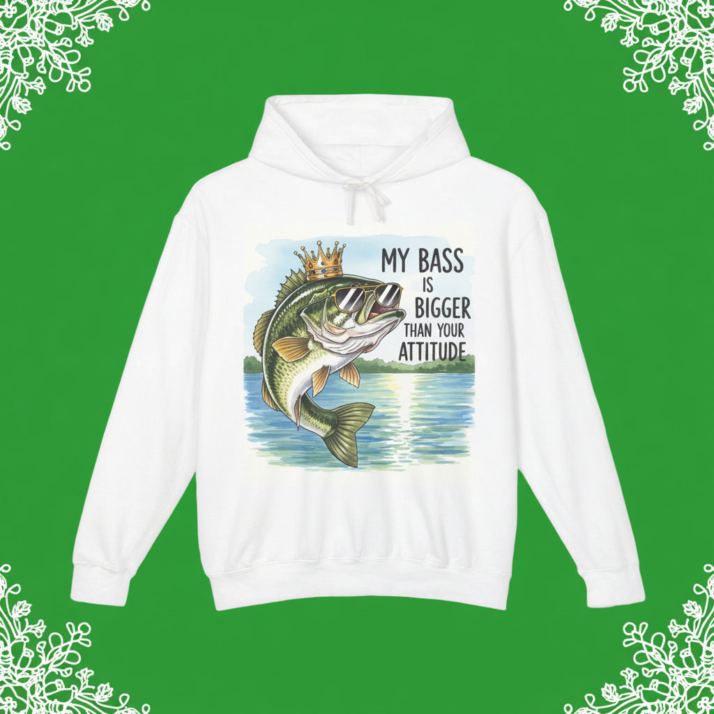 White hoodie with a fish graphic and text on a green background