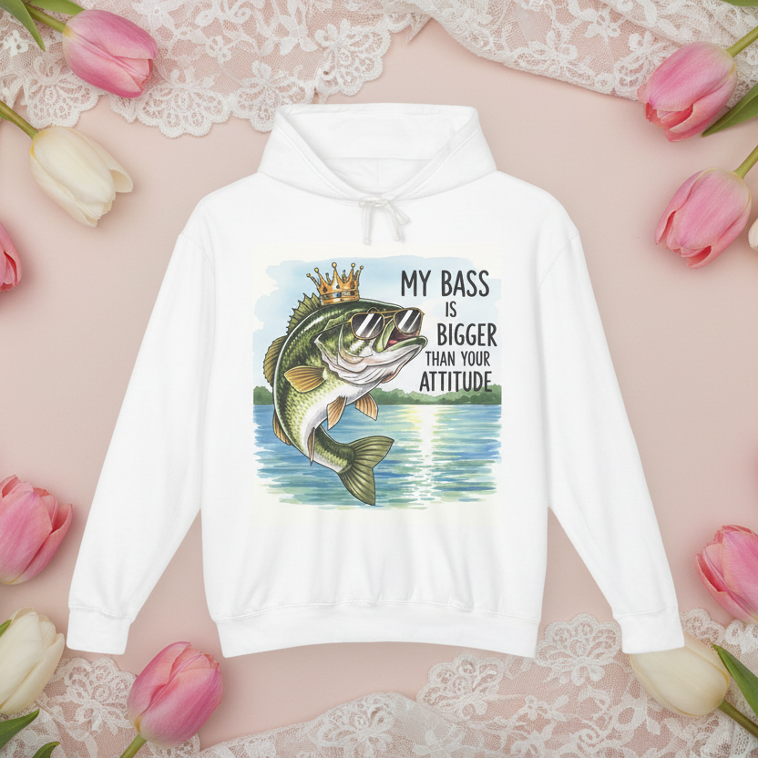 White hoodie with a fish graphic and text on a lace and tulip background