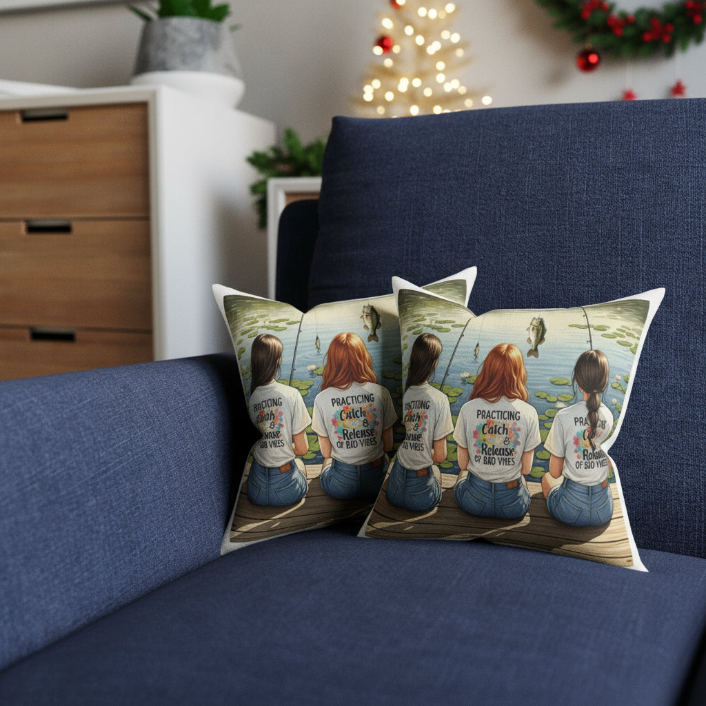 Three pillows with a printed design of two people fishing on a couch.