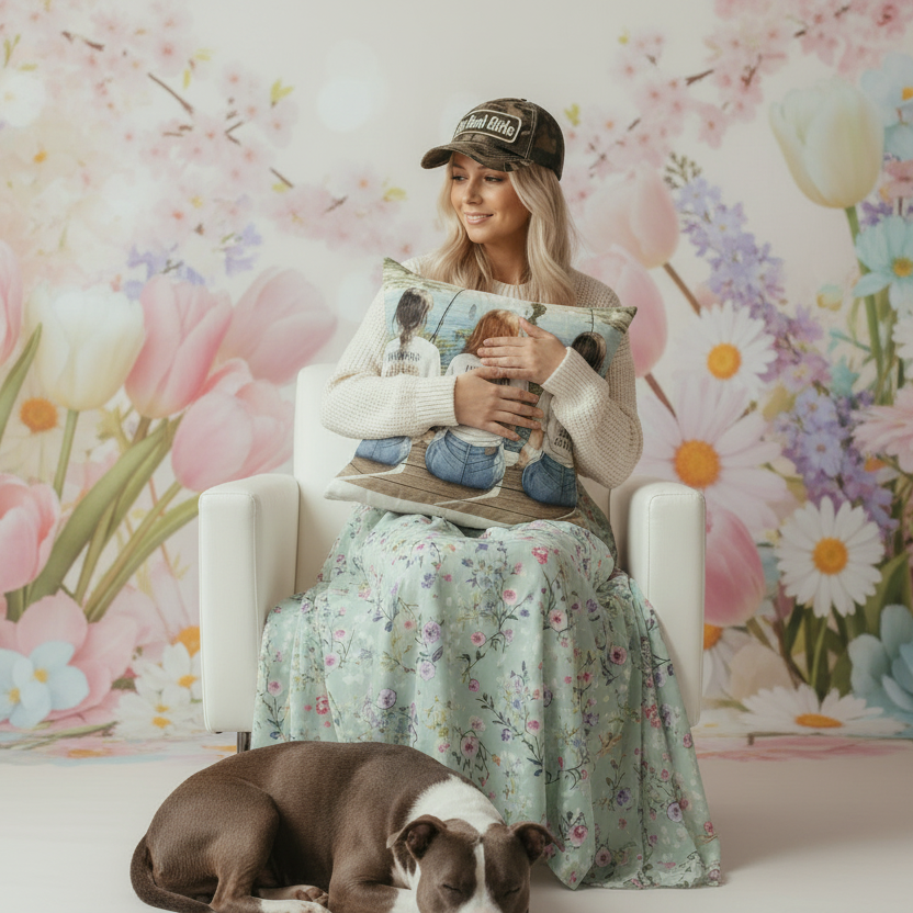 Woman sitting on a chair holding a cushion surrounded by a floral backdrop. Her Pit Bull dog is relaxing at her feet.