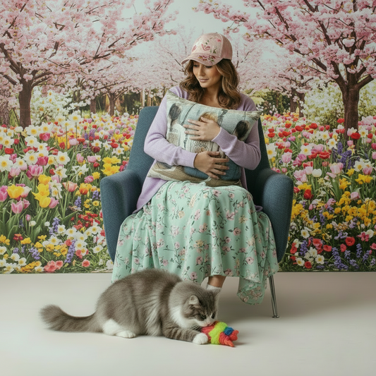 Woman sitting in a chair holding a cushion with a cat playing with a toy in front of a floral background