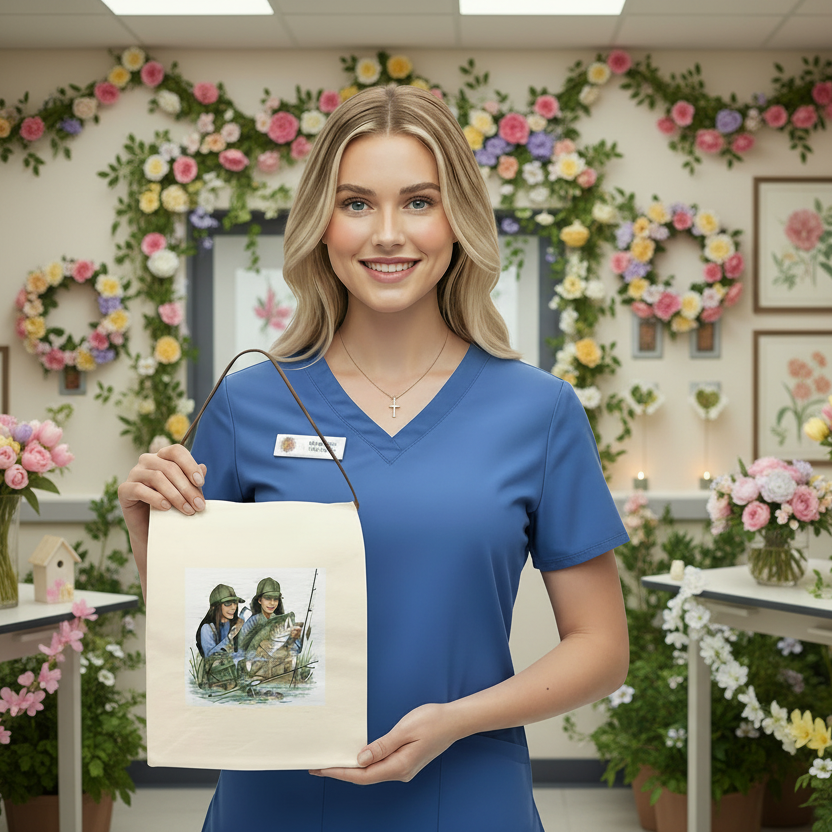 Female nurse showing off her canvas fishing tote lunch bag in a room decorated for spring
