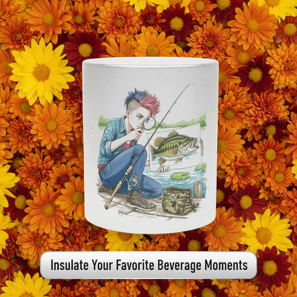 Illustration of a person studying fishing with flowers in the background and text 'Insulate Your Favorite Beverage Moments'.