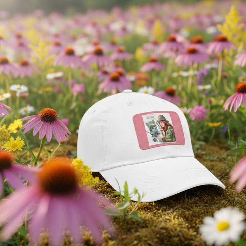White cap with a pink patch featuring two people in a field of flowers
