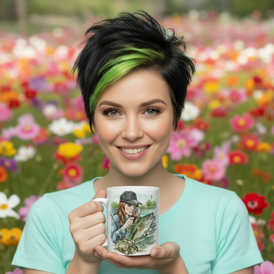 Woman holding a mug with a colorful floral background
