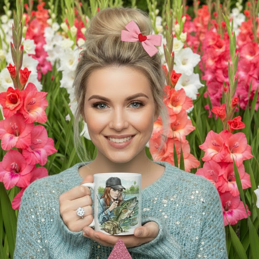 White mug with a fishing design surrounded by colorful flowers and shells on a wooden surface