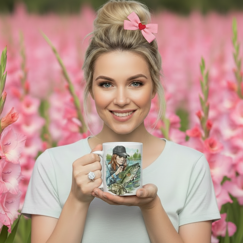 Woman holding a mug with a nature-themed design in a field of pink flowers