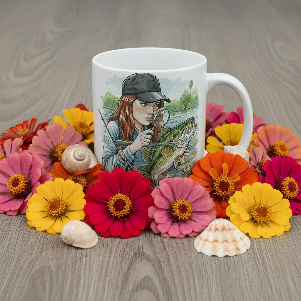White mug with a fishing design surrounded by colorful flowers and shells on a wooden surface