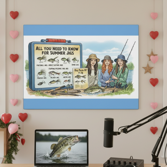 Framed artwork of four women fishing with educational chart on a wall decorated with heart-shaped decorations in a home office.