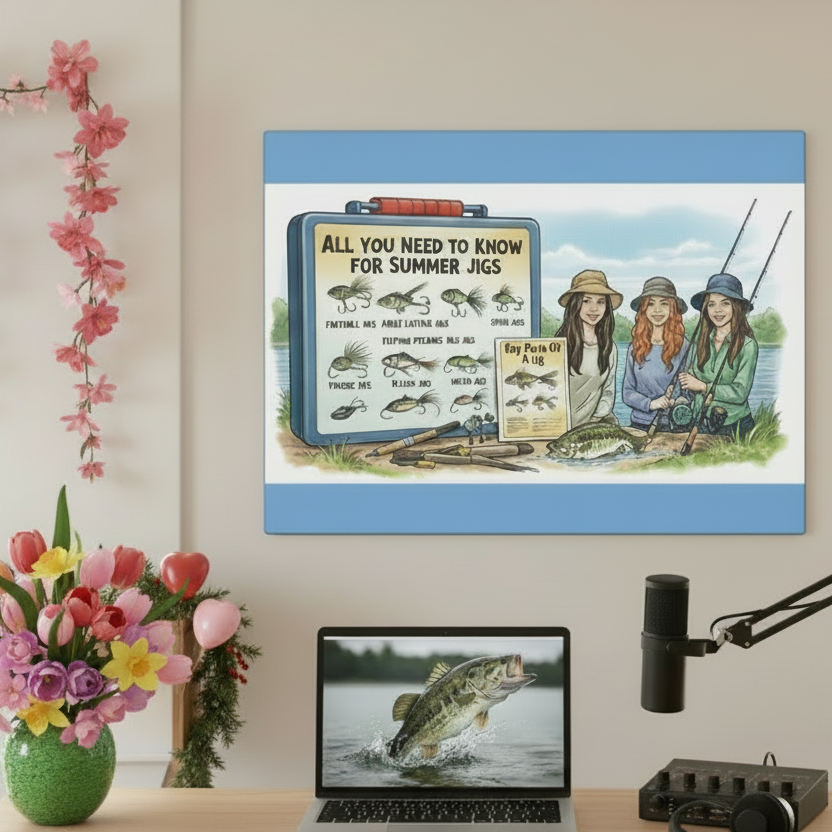 All you need to know for summer fishing jigs. Framed artwork of three women fishing with a tackle box and fish illustrations on a wall above a desk.
